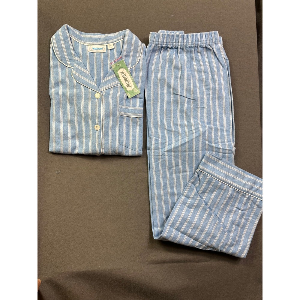 National Blue White Striped Pajama Set Long Sleeve Button Up Pants NWT Petite M